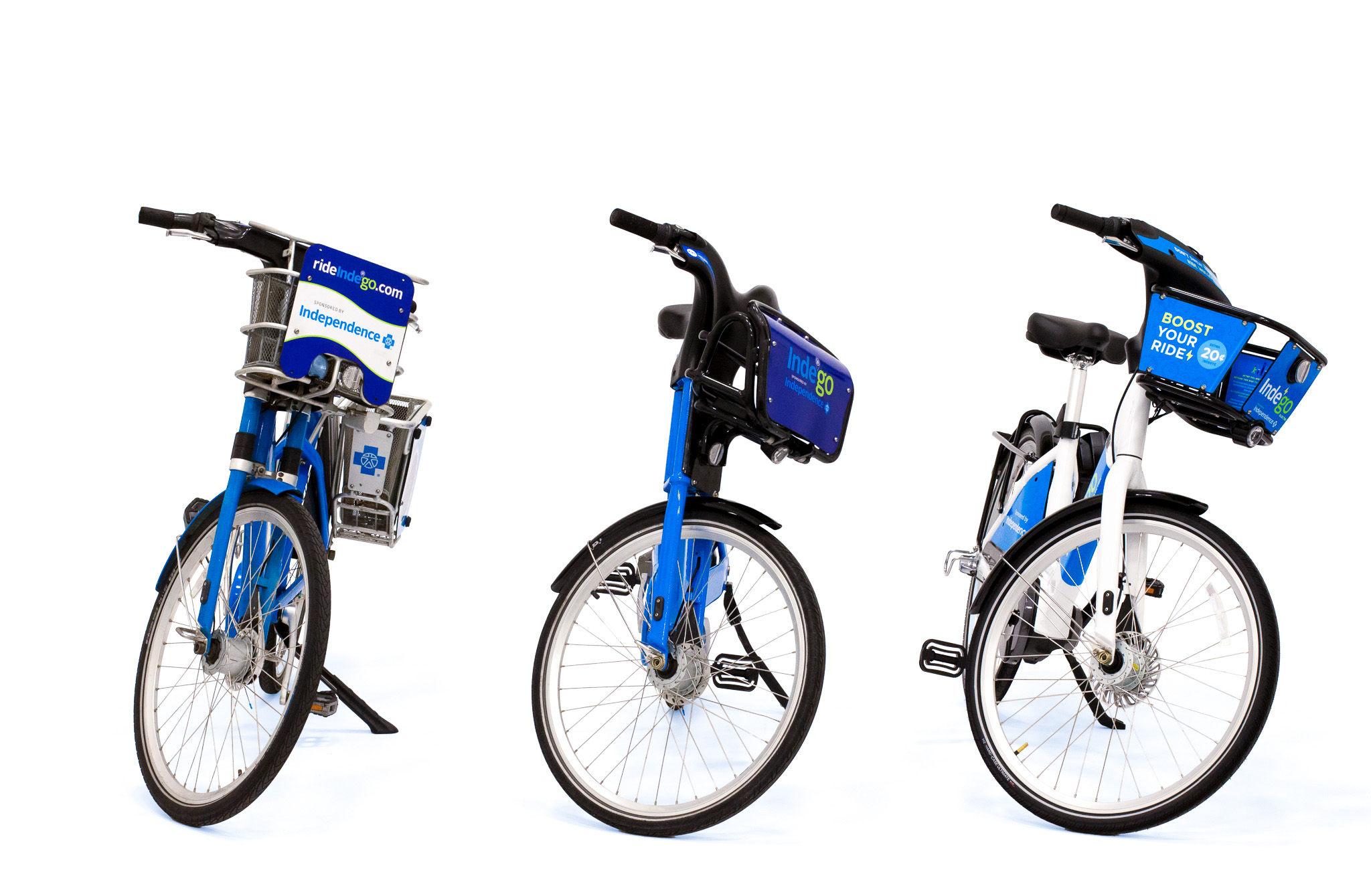 From left to right: Indego Classic 1.0, Indego Classic 2.0, and White Indego Electric